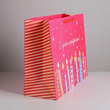 Пакет ламинированный "С Днём Рождения" свечки на розовом XL